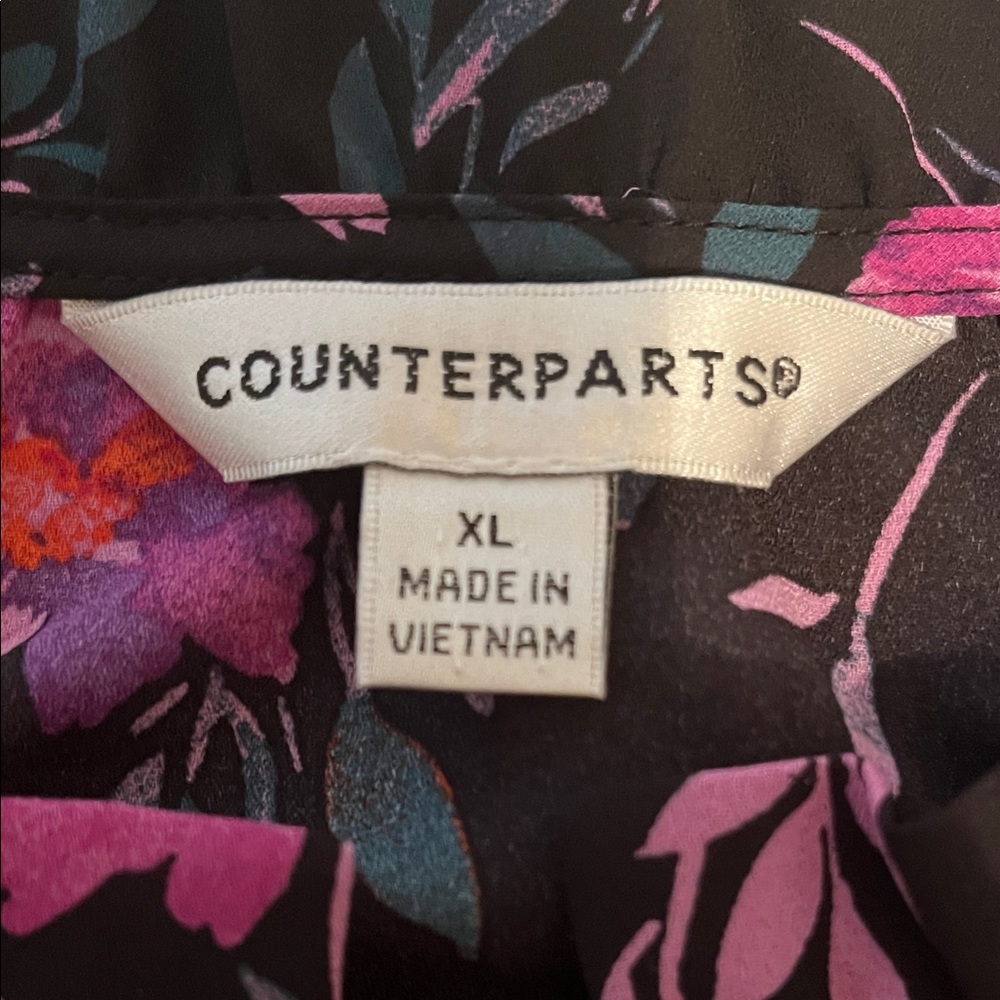 Counterparts Black and Pink Floral Long Sleeve Blouse V Neck Elastic Wrists | XL - Picture 9 of 12